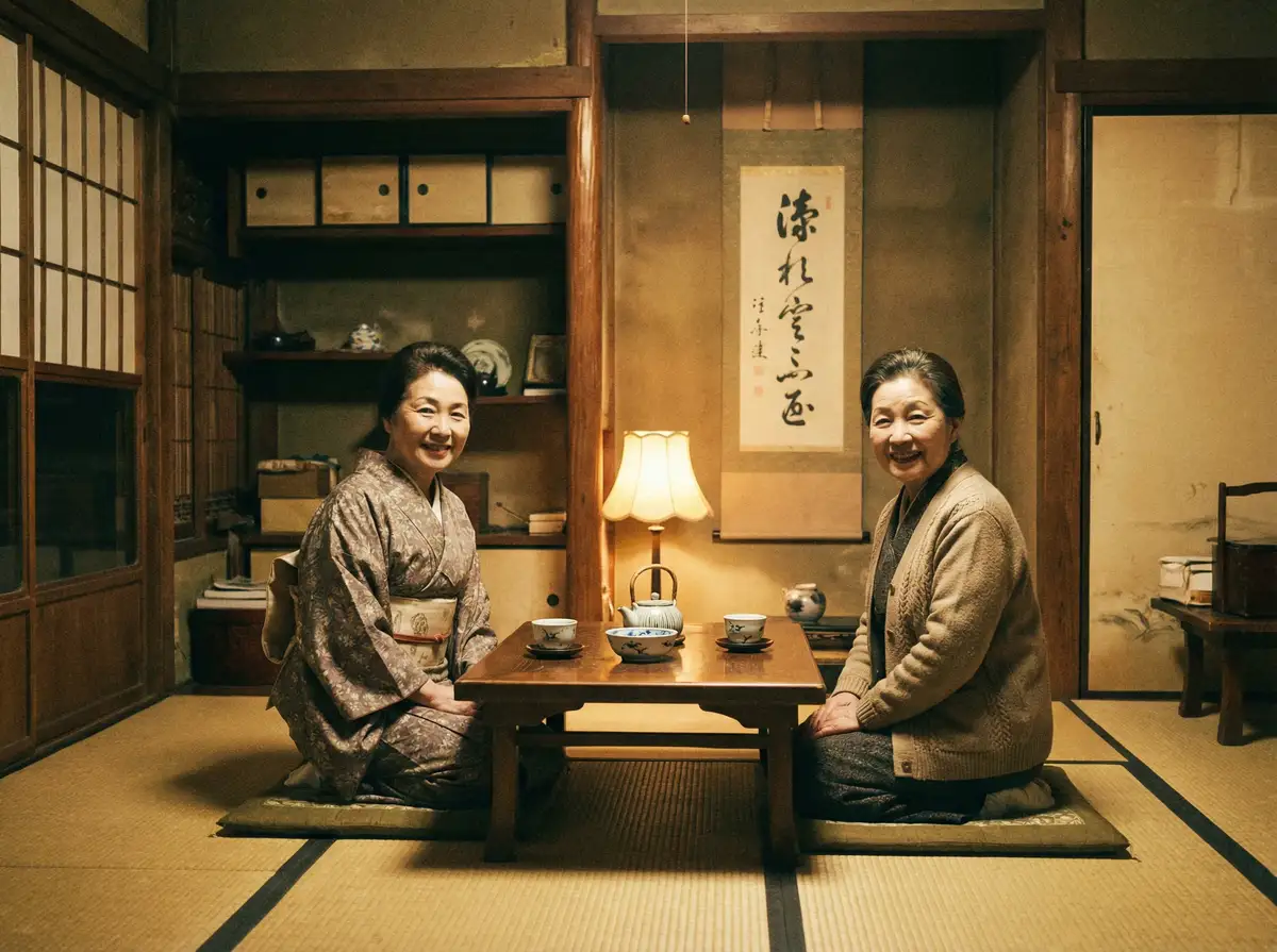 两位优雅的 一夜到永远 在日式茶室中品茶交谈